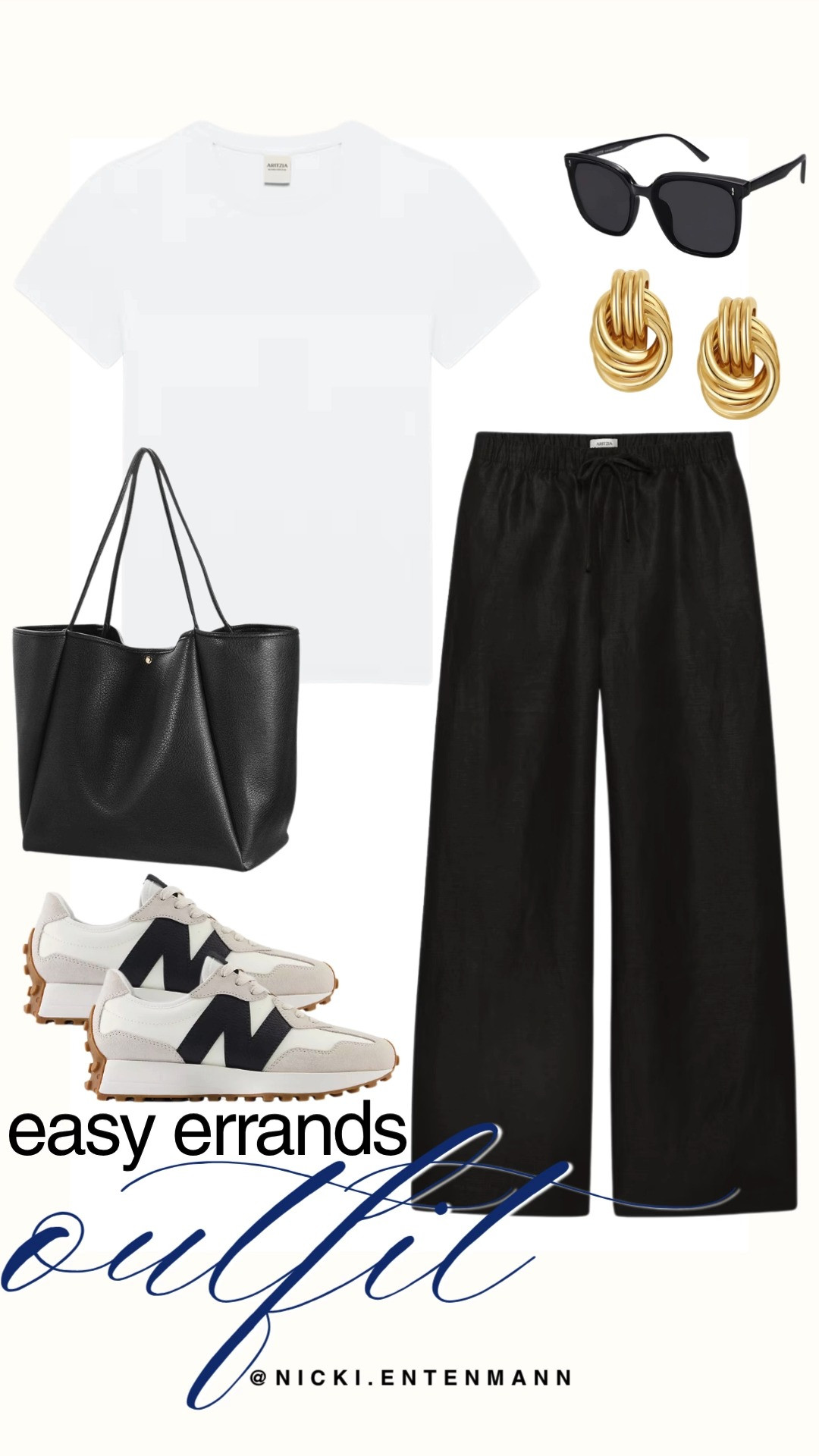 Tackle errands in effortless style with this casual outfit combo. A crisp white crewneck tee, relaxed black wide leg pants, sporty sneakers, and a spacious tote pair perfectly with chunky gold earrings and dark sunglasses. #easyerrands #casualoutfit #streetstyle #everydayfashion #offdutylook #capsulewardrobe #outfitinspiration #minimalstyle #shoppinghaul #modernliving 👕👜✨ 

 #LTKdayinmylife #LTKootd #LTKSaleAlert