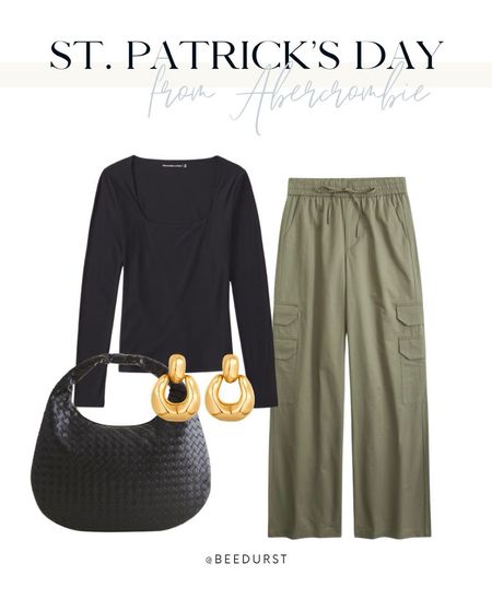 Spring outfit from Abercrombie, st Patrick’s day outfit, wide leg cargo pants, green cargo pants, green pants, black long sleeve tuckable shirt, everyday shoulder bag, spring purse, black purse, spring bag, spring fashion, resort wear, vacation outfit, date night outfits, work wear

#LTKfindsunder100 #LTKSpringSale #LTKstyletip