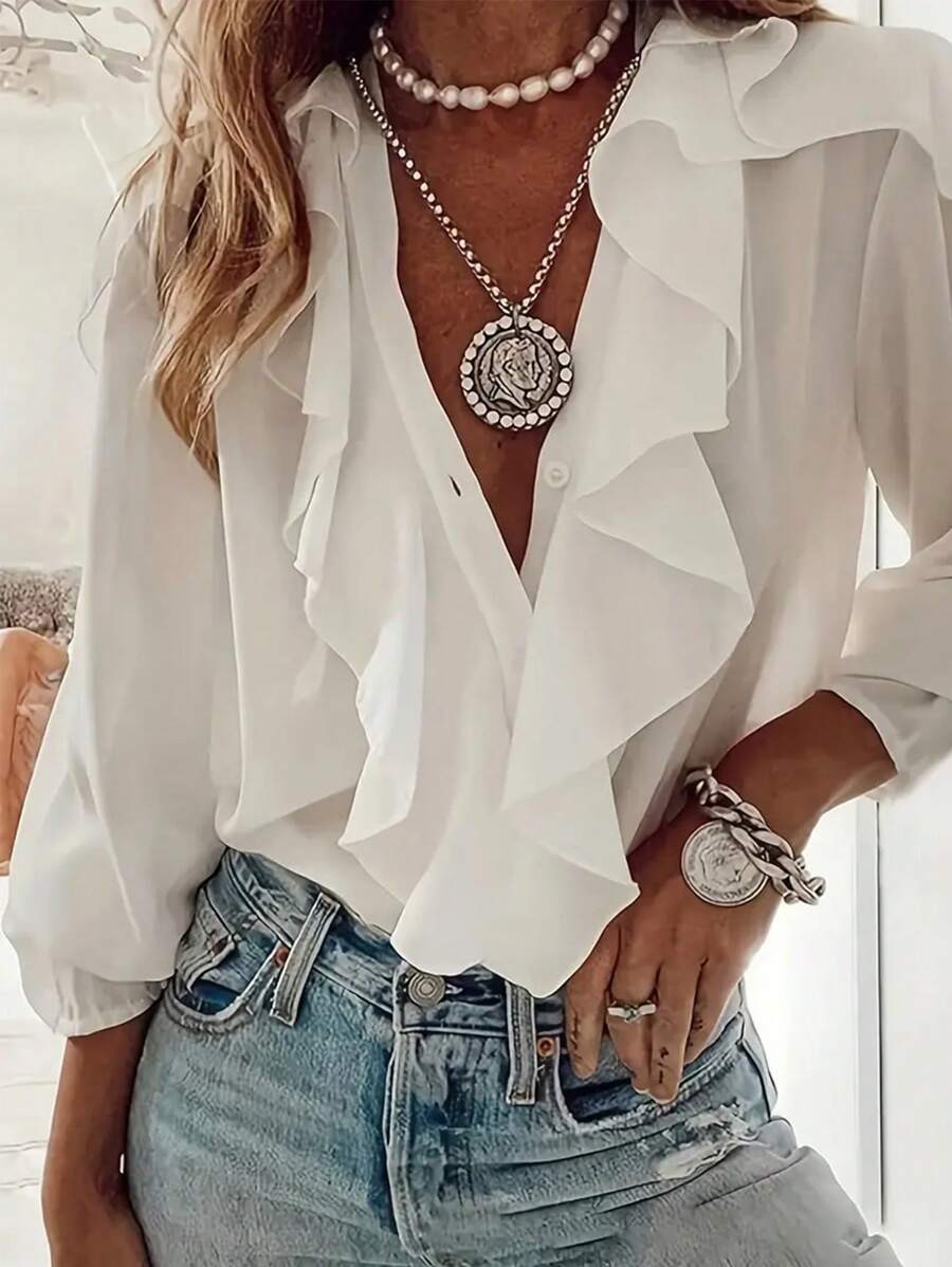 Casual Ruffle Trim V-Neck Long Sleeve Blouse | SHEIN