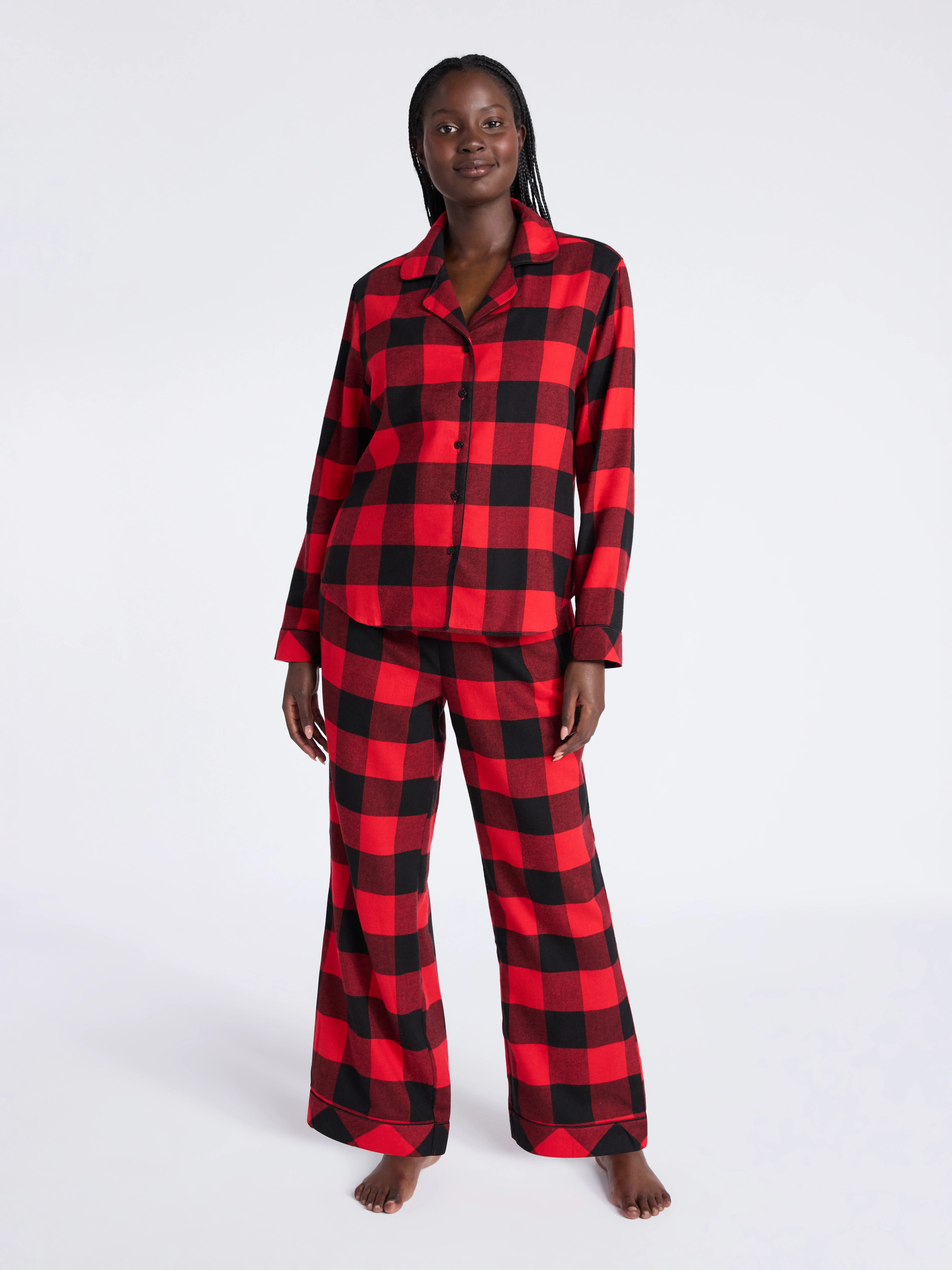 Joyspun Women's Long Sleeve Flannel Sleep Top and Pants Pajama Set, 2-Piece, Sizes XS-3X | Walmart (US)