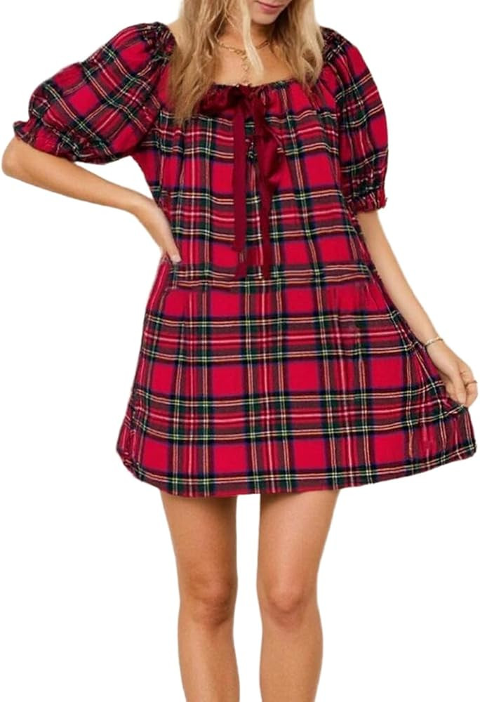 Women Y2k Gingham Babydoll Mini Dress Plaid Puff Sleeve Tie Front Square Neck Flowy Checkered Dre... | Amazon (US)