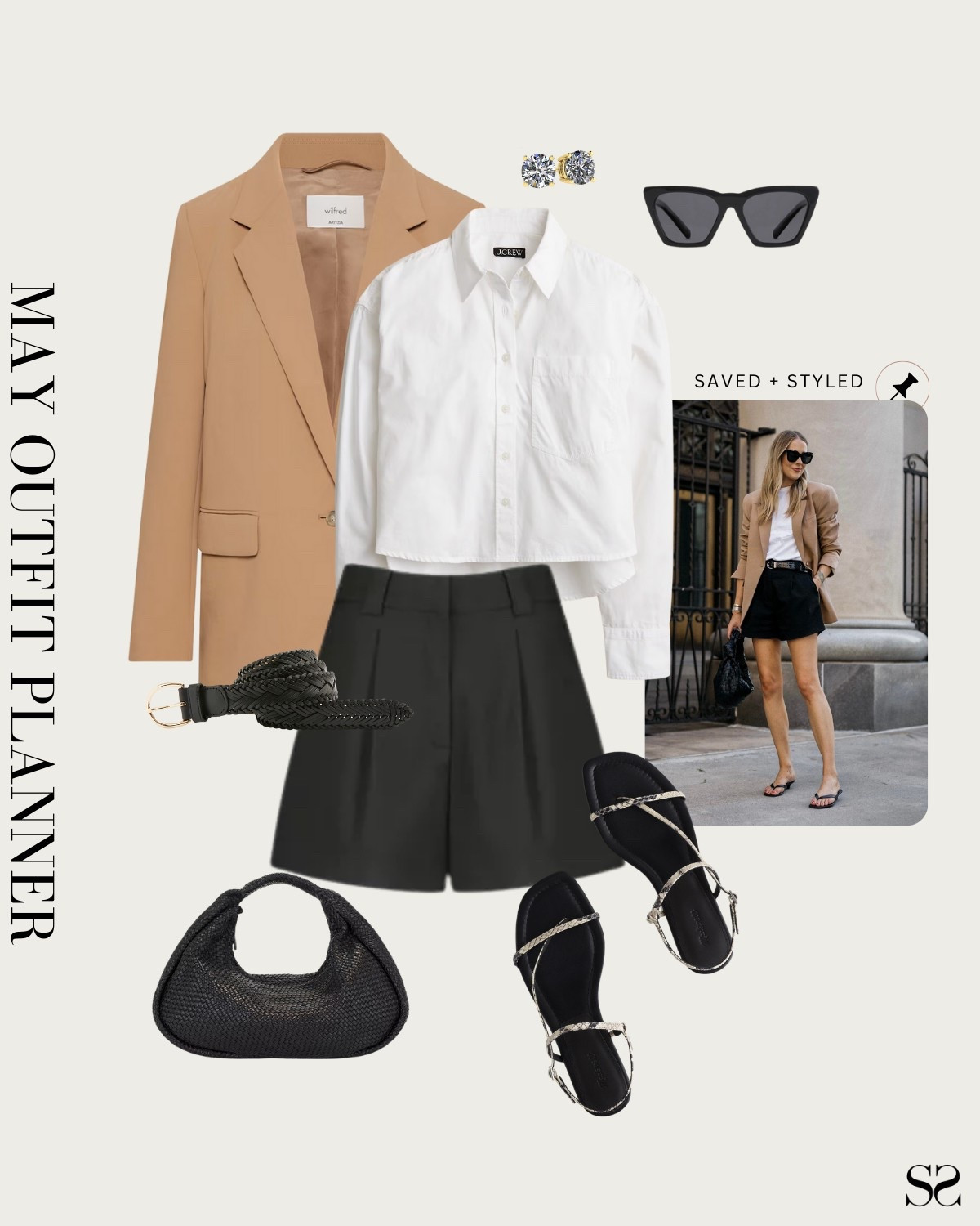 Monthly outfit planner MAY: Spring  looks, saved + styled outfit inspo | tailored short, crop button up, tan blazer, black sandals, woven handbag 

#springoutfit #datenight  

Image credit: @fashion_jackson


#LTKStyleTip