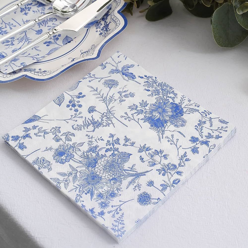 Efavormart 20 Pack | White/Blue Chinoiserie Floral Print 2-Ply Paper Napkins, Disposable Dinner N... | Amazon (US)