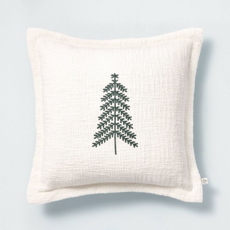 14&#34;x14&#34; Embroidered Winter Tree Square Throw Pillow Cream/Green - Hearth &#38; Hand&#8482... | Target