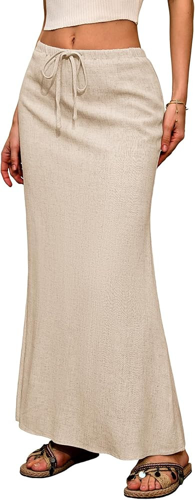 ELLEVEN Linen Flared Maxi Skirt with Back Slit - Elastic Waist Drawstring Long Flowy Ankle-Length... | Amazon (US)