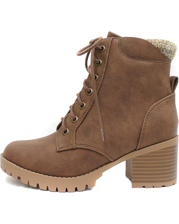 Soda Single Lug Sole Chunky Heel Combat Ankle Boot Lace up w/Side Zipper | Amazon (US)