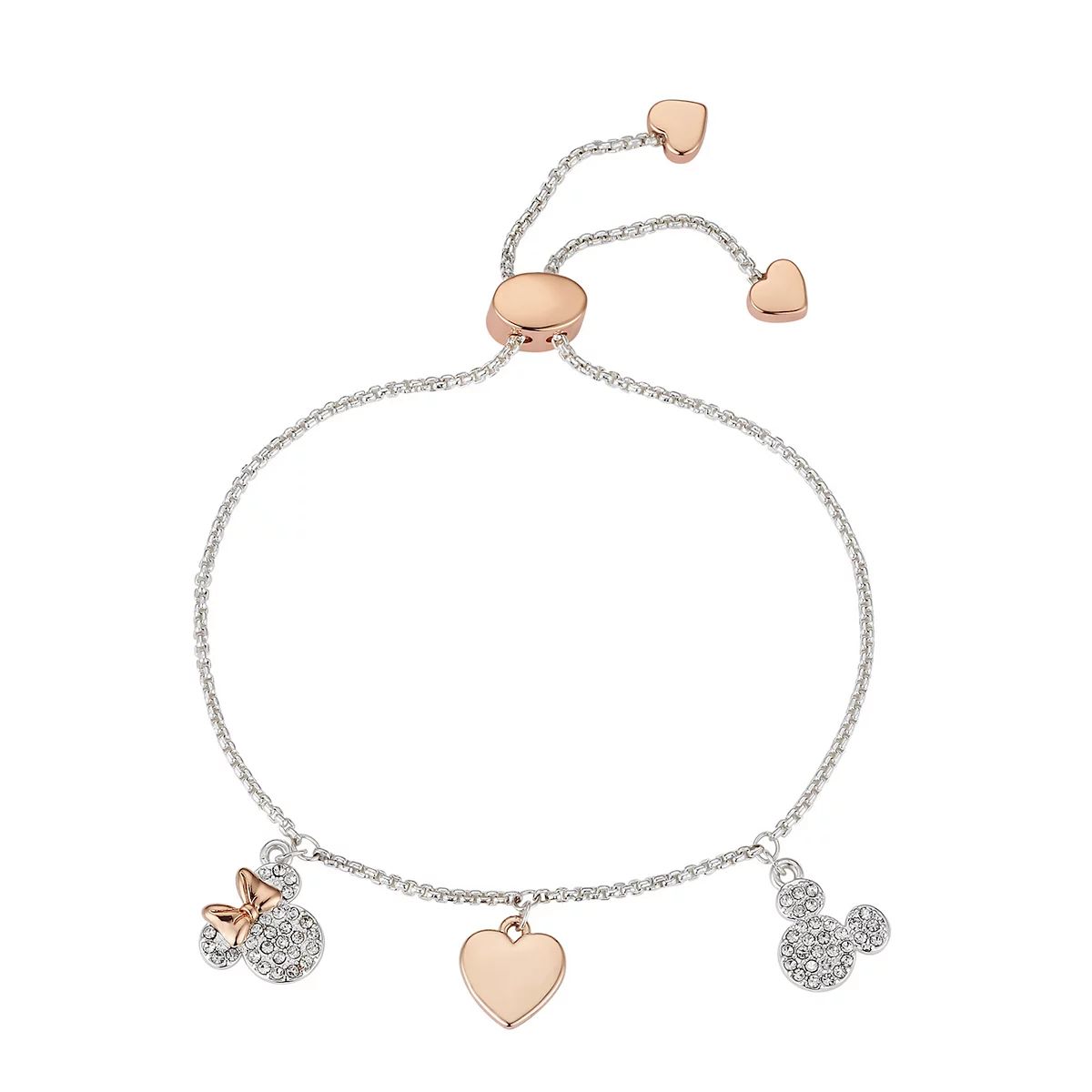 Disney's Mickey Mouse & Minnie Mouse Two Tone Crystal Heart Charm Adjustable Bracelet | Kohl's