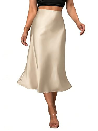 Women's Satin Midi Skirt Elegant Fishtail Silk A Line Casual Skirts for Party Wedding (Beige/Apricot, Medium) | Amazon (US)