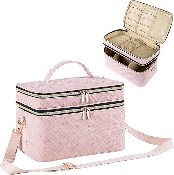 Double Layer Travel Makeup Bag with Strap, Portable Cosmetic Bag with Divider Organizer Case, Top... | Amazon (US)
