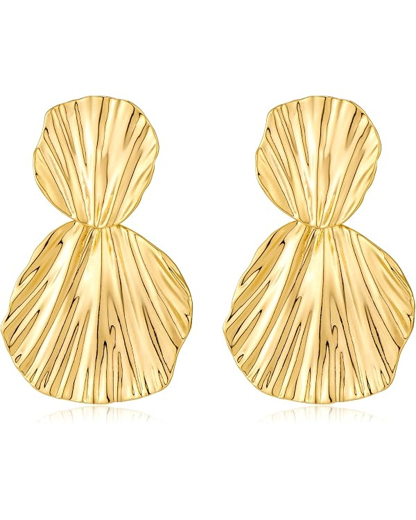 Gold Earrings Dangle Chunky Fan-shaped Earrings Shell Earring for Women Two-Tone Fashion Statemen... | Amazon (US)