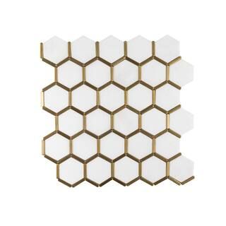 Jeffrey Court Karats White 10.625 in. x 11.125 in. Hexagon Polished Marble/Gold Metal Floor and W... | The Home Depot