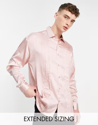 ASOS DESIGN oversized satin shirt with pleated front in pink in | ASOS (Global)