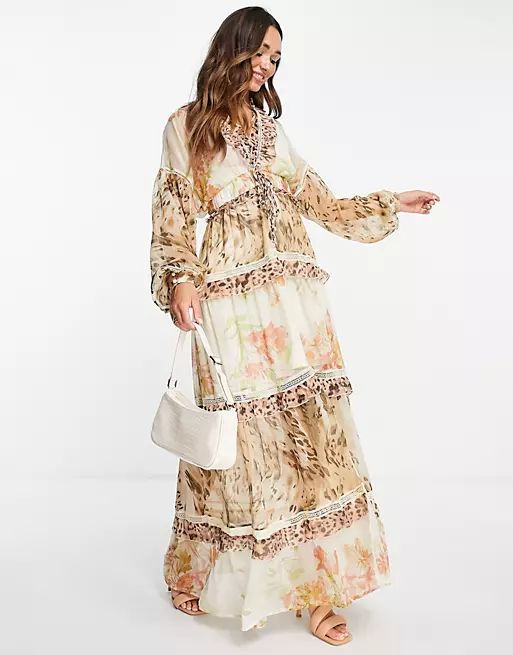ASOS DESIGN printed tiered textured maxi dress with ruffle detail and lace trim | ASOS (Global)