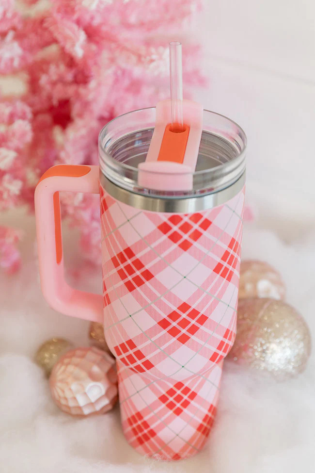 Sippin' Pretty Christmas Plaid 40 oz Drink Tumbler With Lid And Straw | Pink Lily