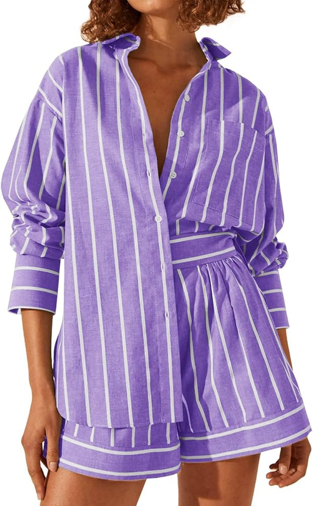 Tankaneo Womens 2 Piece Outfits Striped Long Sleeve Button Down Collared Shirt Matching Shorts Se... | Amazon (US)