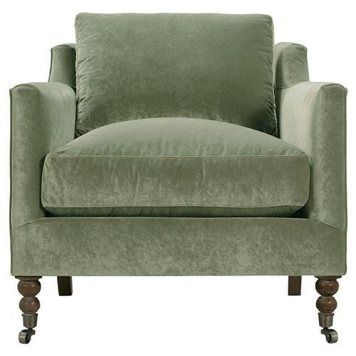 Madeline French Country Green Upholstered Brown Wood Metal Casters Arm Chair | Kathy Kuo Home