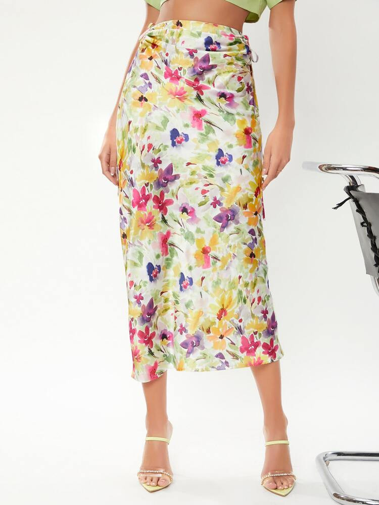 SHEIN Floral Print Drawstring Side Satin Skirt | SHEIN