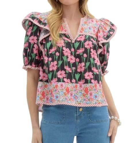 Women Boho Short Sleeve Shirt Ruffle Sleeve V Neck Blouse Top Cute Floral Printed Loose Peplum Babydoll Tops | Amazon (US)