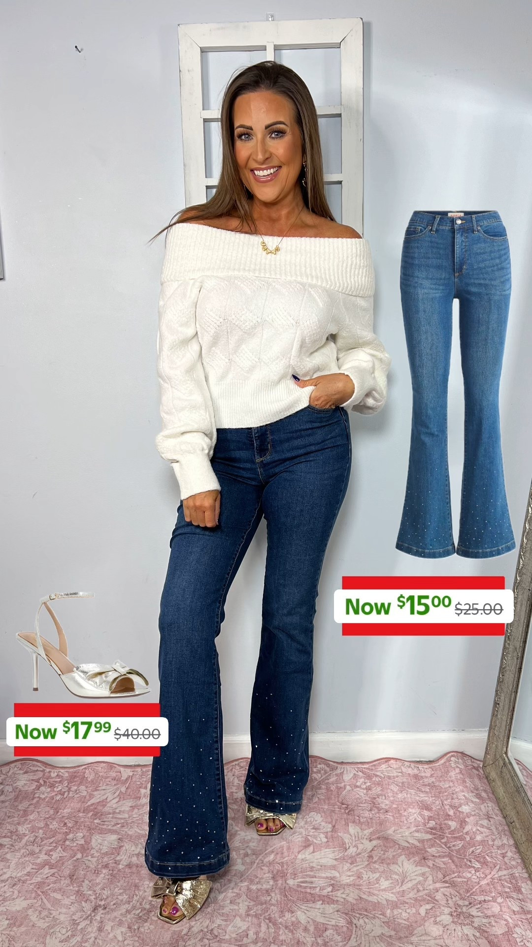 Super cute outfit idea for the holidays. Jeans are a steal at just $15 especially with the rhinestone detail at the bottom. The sweater is cozy, yet comfy. The heels are absolutely adorable with the bow - and also come in 2 other colors. 

Sweater: S (recommend sizing up one)
Jeans: 6
Heels: TTS

holiday party outfit, Christmas casual outfit, Black Friday deals, cyber Monday deals, Walmart fashion finds, Walmart finds, Walmart style, Walmart fashion, winter outfit, off the shoulder sweater, white sweater, cream sweater, off white sweater, winter fashion 

#LTKHoliday #LTKSaleAlert #LTKCyberWeek