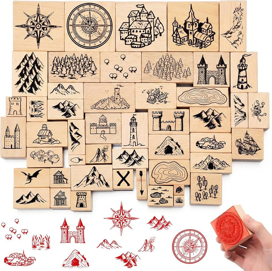 Marspark 48 Pcs Map Making Stamp Kit Compass Mountains Vintage Rubber Stamp Kit Compass Outdoor S... | Amazon (US)