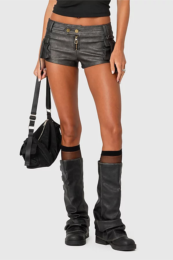 Edikted Washed Faux Leather Micro Cargo Shorts in Black/Washed, Women's at Urban Outfitters | Urban Outfitters (US and RoW)
