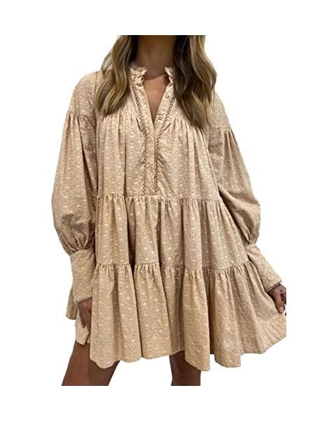 Aox Women Ruffle Sleeve Tunic Midi Dress Flowy Shift Sundress Sweet Babydoll Button Down Swing Sk... | Amazon (US)