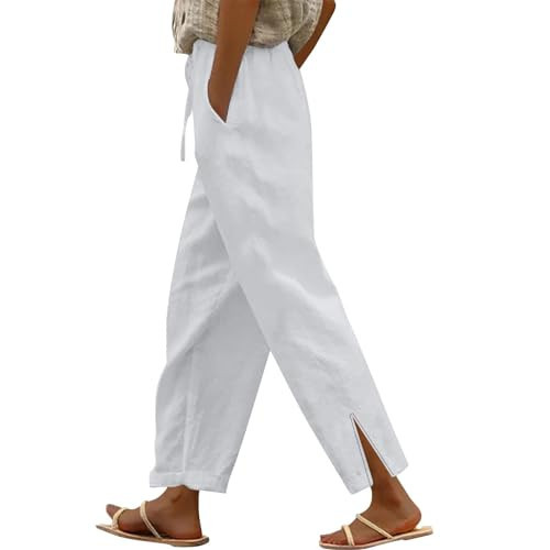 White Linen Pants Women Linen Pants for Women 2026 Summer Plus Size High Waisted Drawstring Elastic Straight Leg Lounge Pant Casual Loose Lightweight Gauze Beach Trousers | Amazon (US)