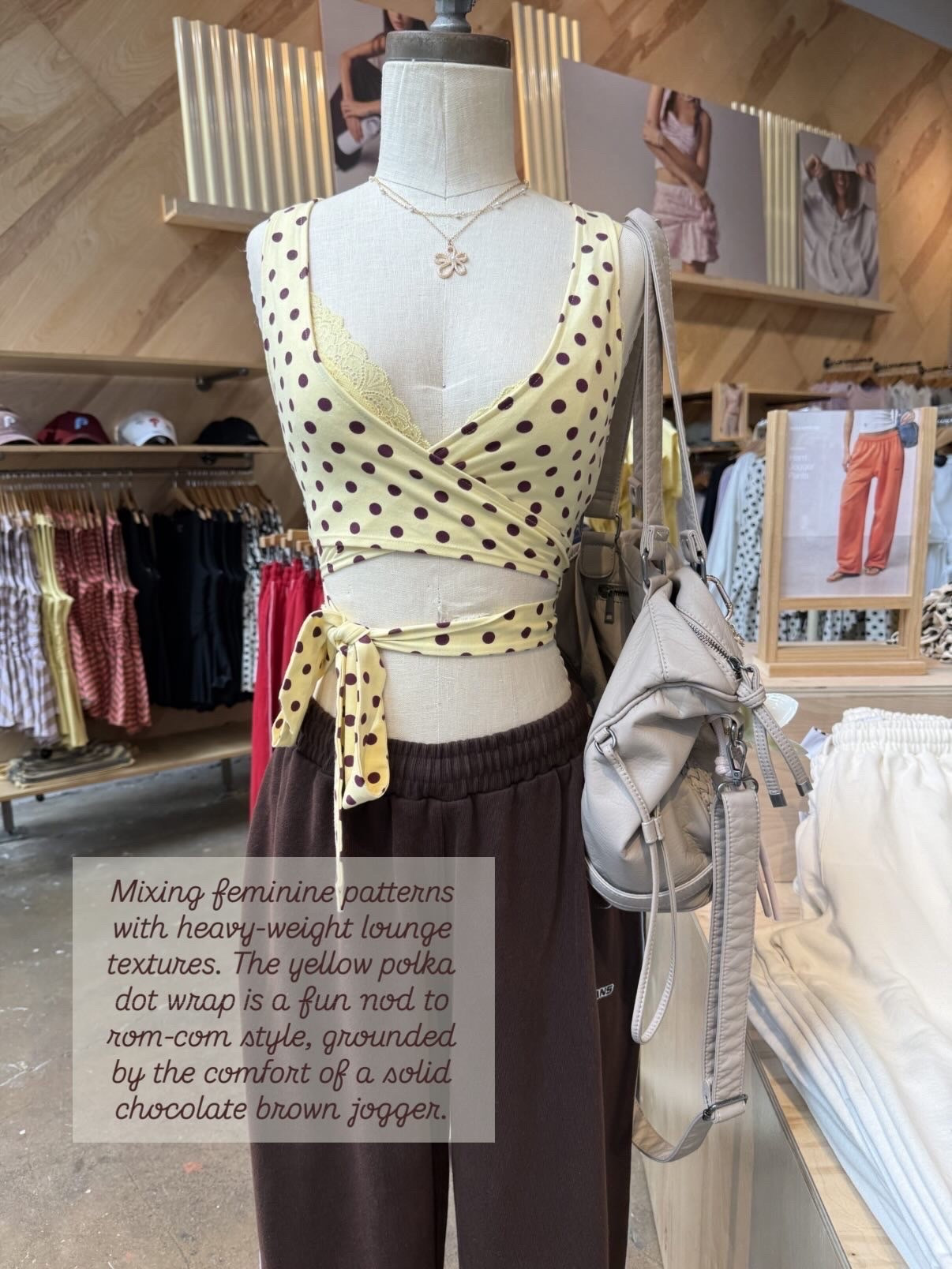 Mixing feminine patterns with heavy-weight lounge textures. The yellow polka dot wrap is a fun nod to rom-com style, grounded by the comfort of a solid chocolate brown jogger.

#LTKvlog #LTKSeasonal #LTKPetite