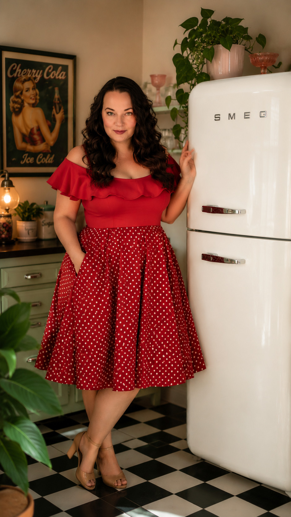 This retro pin-up look is giving all the vintage vibes and I am completely obsessed. The red off-shoulder ruffle top paired with the classic polka dot full skirt is such a fun and flattering combination that celebrates curves in the best possible way. The checkered floors and vintage kitchen backdrop make this outfit feel like it was pulled straight from a 1950s dream. Whether you are heading to a themed event, a rockabilly night out, or just want to add some serious personality to your wardrobe, this look delivers. 

 #LTKOver40 #LTKPlusSize