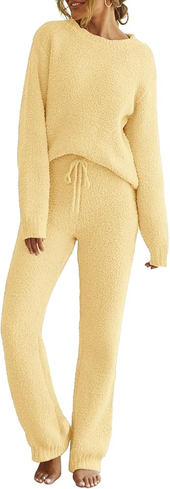 MEROKEETY Womens Pajama Sets 2026 Fall Lounge Sweater Set Cute Fuzzy Fleece 2 Piece Long Sleeve C... | Amazon (US)
