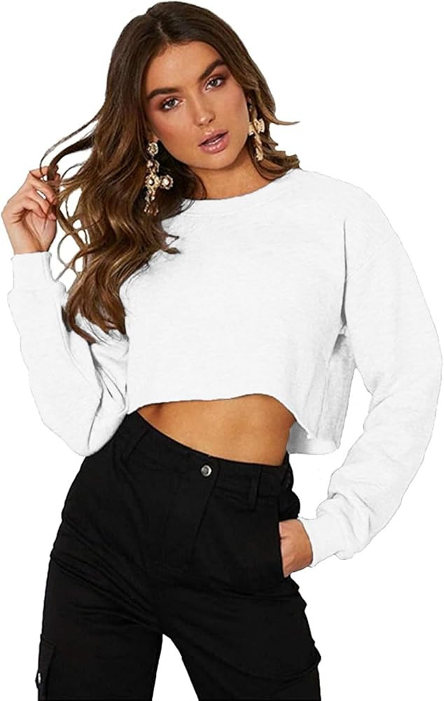 Kyerivs Casual Crop Sweatshirt for Women Crewneck Cropped Shirts Workout Long Sleeve Crop Tops | Amazon (US)