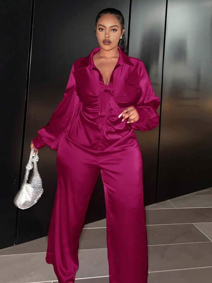 SHEIN Slayr Plus Size Tie Detail Long Sleeve Shirt Jumpsuit | SHEIN