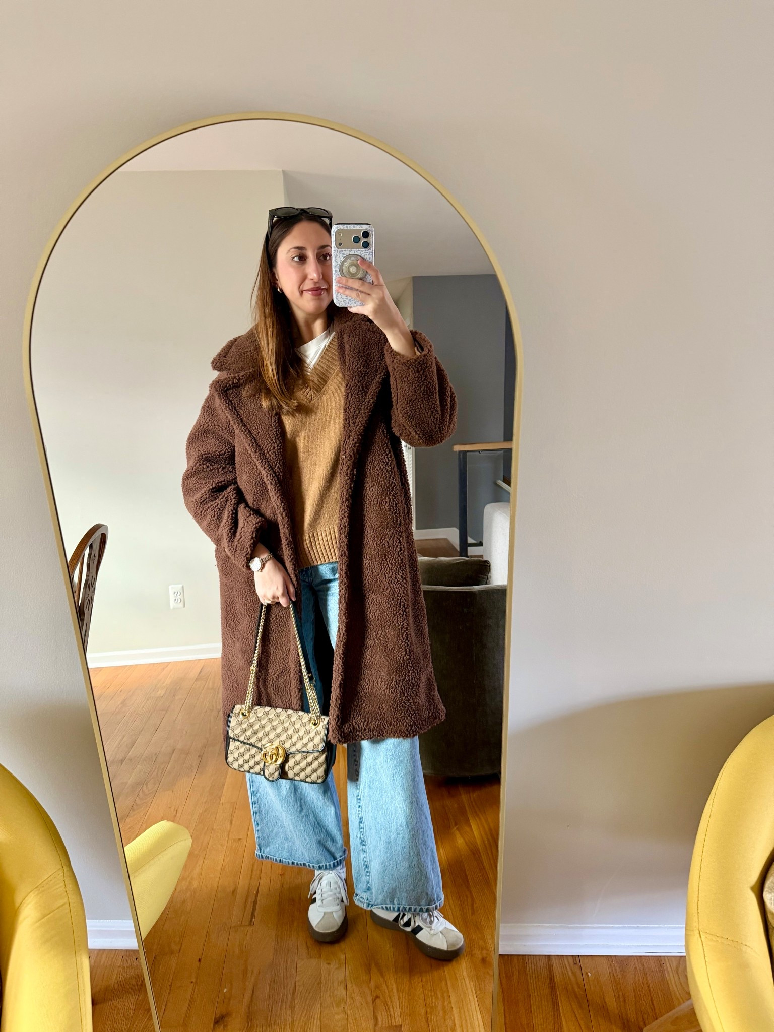 Out and about in the cold in my cozy coat from Fabletics and sweater from Reformation . Jeans are Just Black Denim from my Nuuly subscription this month <3