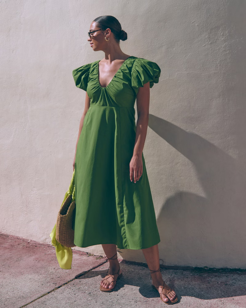 Puff Sleeve Plunge Midi Dress | Abercrombie & Fitch (US)