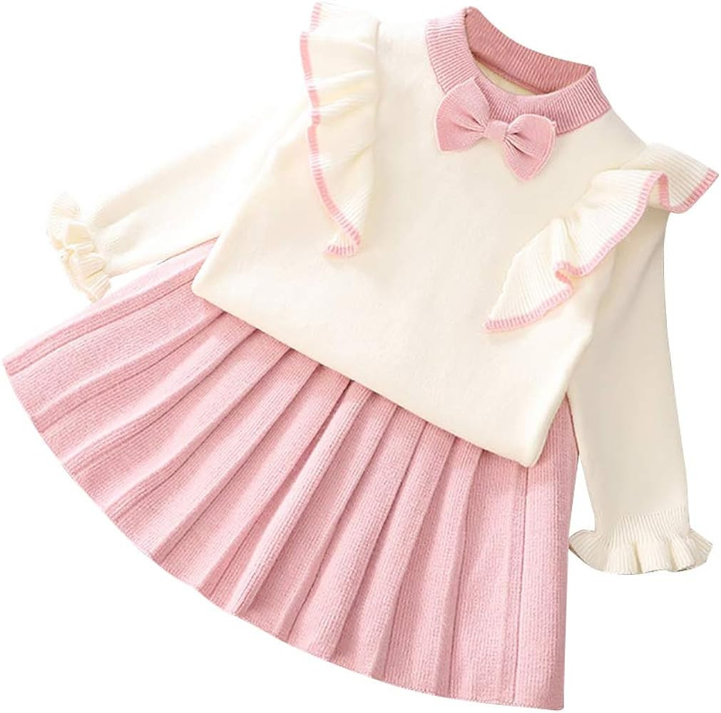 IMEKIS Toddler Baby Girls Outfit Knitted Buttons Sweater Tops Mini Skirt Bowknot Ruffle Long Slee... | Amazon (US)