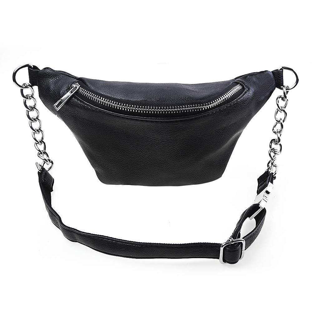 Fashion Leather Waist Fanny Pack Chest Bag Phone Purse with Metalic Chain for Women Black | Amazon (CA)
