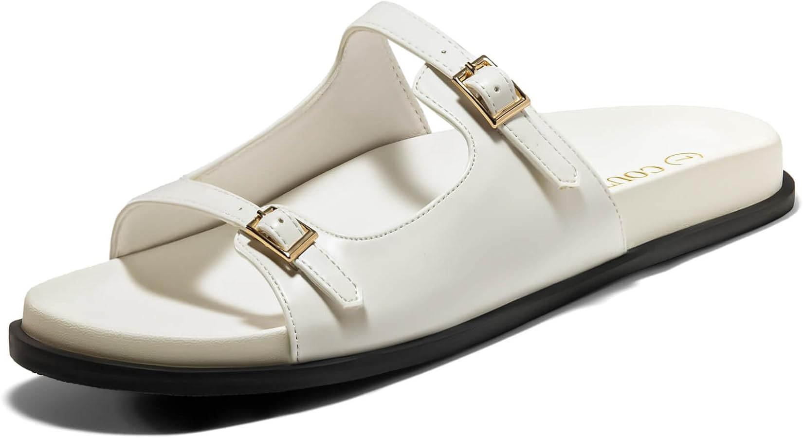 Coutgo Womens Flat Sandals Comfortable Wide Width Slides Double Strap Adjustable Buckle Slip on S... | Amazon (US)