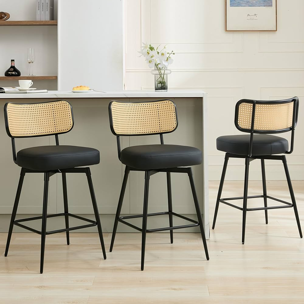 Rattan Bar Stools Set of 3, Swivel Counter Height Bar Stools with Rattan Back and Metal Legs, Mod... | Amazon (US)