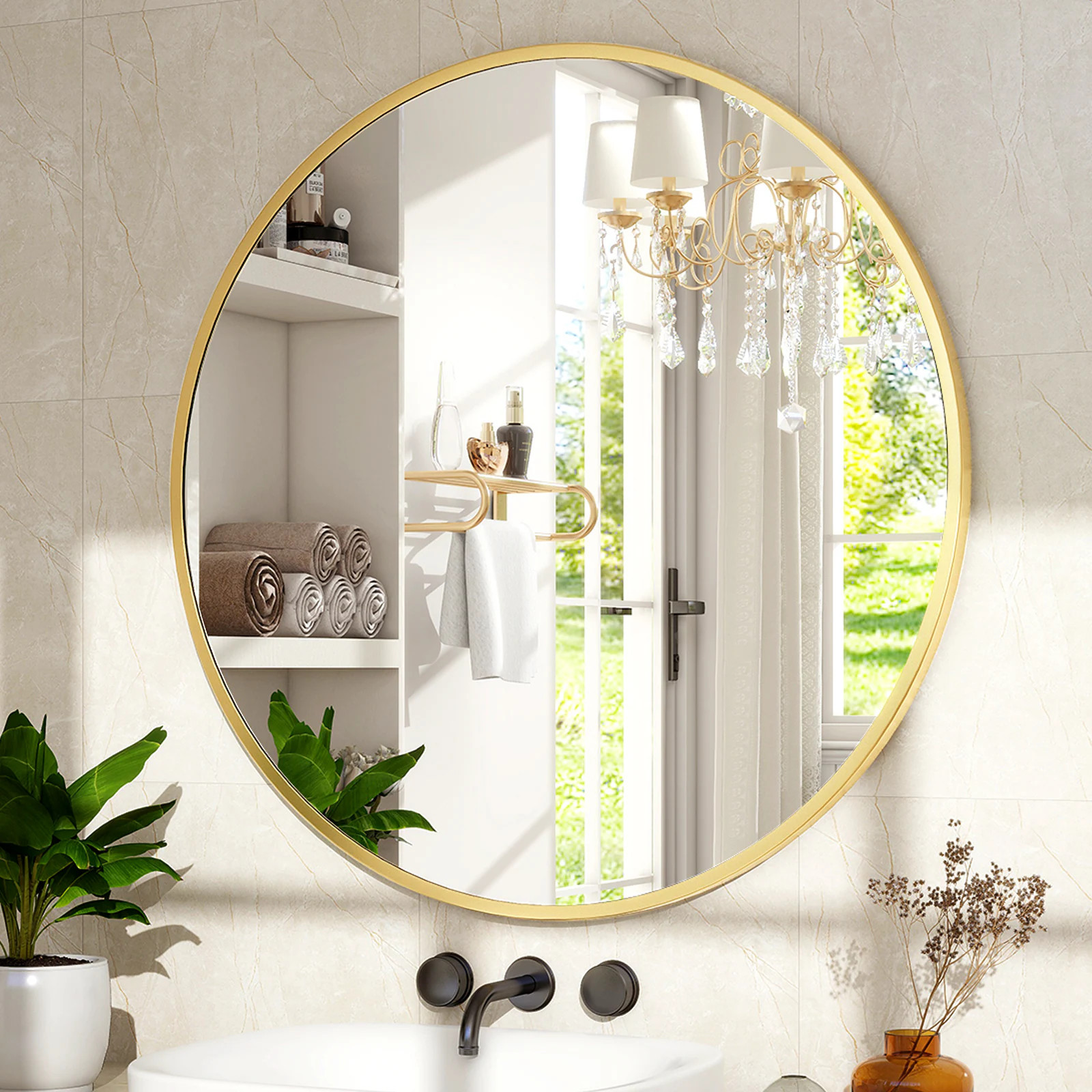 BEAUTYPEAK 20-in W x 20.0-in H Round Gold Framed Wall Mirror | RM20G | Lowe's