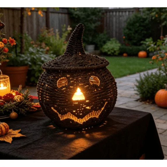 Summerween Halloween Decorations Black Woven Seagrass Pumpkin Storage Basket with Lid Indoor Home... | Walmart (US)
