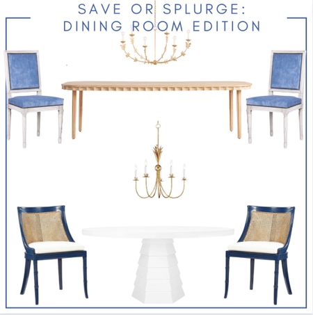Dining room Save or splurge. Dining room table. Circle table. Rectangle table. Dining chairs. Upholstered chairs. Wooden dining chairs. Chandelier. Grandmillennial. Traditional decor. Coastal home. Serena and Lily. Ballard Designs. Chinoiserie. 

#LTKHoliday #LTKGiftGuide #LTKhome