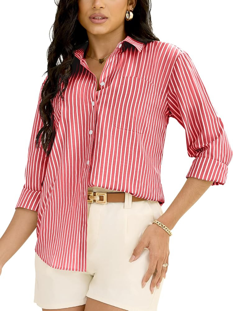 Grade 3.5 Wrinkle-Resistant Womens Vertical Striped Button Down Shirts Long Sleeve Dress Shirt Of... | Amazon (US)