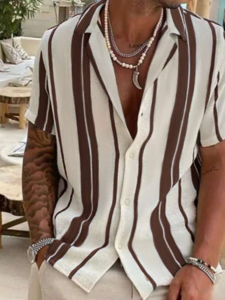 2025 Men's Casual Relaxed Summer Beach Striped Colorblock Shirt, Short Sleeve | SHEIN