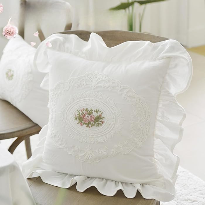 Cotton French Throw Pillow Covers with Ruffle - Set of 2-18x18in Farmhouse Square Cushion Cover L... | Amazon (US)