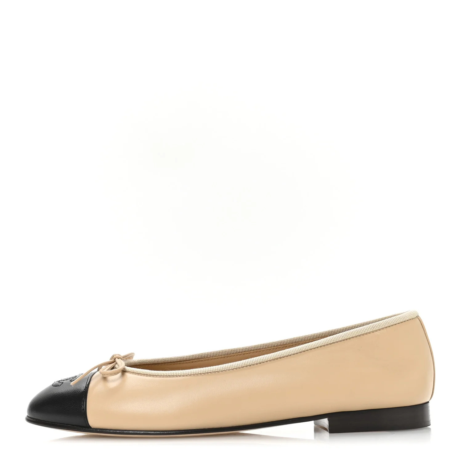 Lambskin Cap Toe CC Ballerina Flats 38.5 Beige Black | FASHIONPHILE (US)