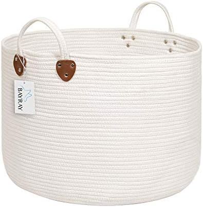 BAYRAY XXL Woven Cotton Rope Laundry Basket 20" X 20" X 13.3" Off White Basket Woven Laundry Bask... | Amazon (US)