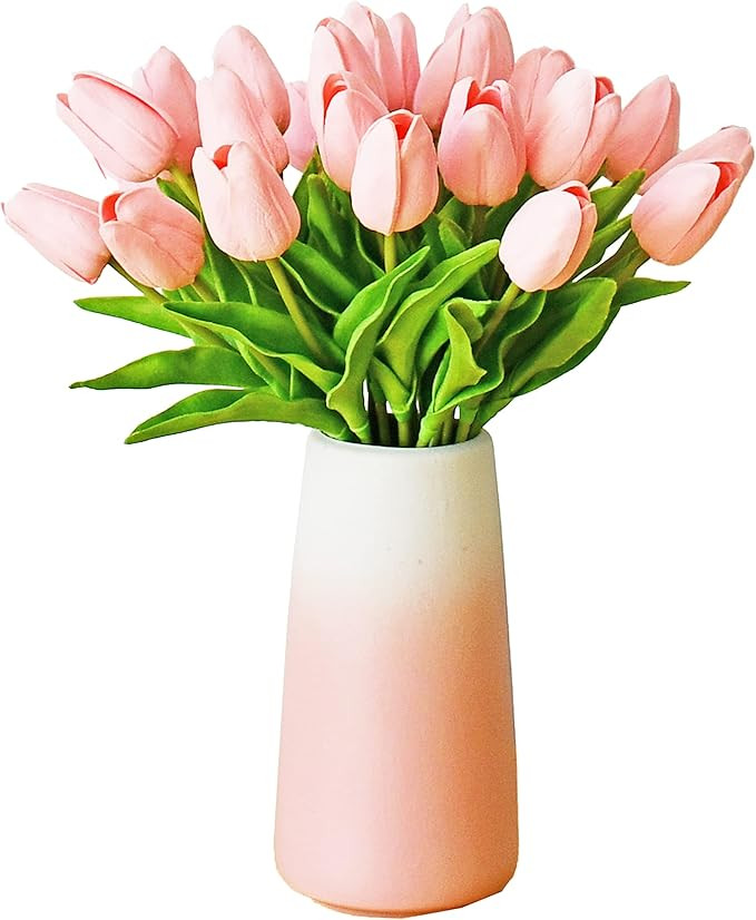 Mandy's Light Pink Artificial Tulips Flowers Centerpiece, 13.5" Lifelike PU Fake Floral Stems 28p... | Amazon (US)