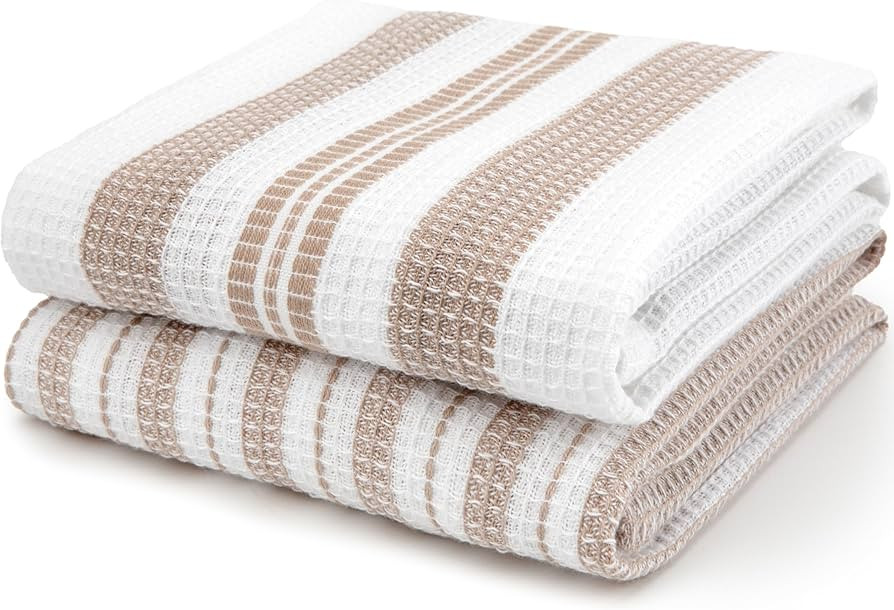 Sticky Toffee Waffle Weave Kitchen Towels Set of 2, White and Tan Stripes, 25 x 15 in, Absorbent ... | Amazon (US)