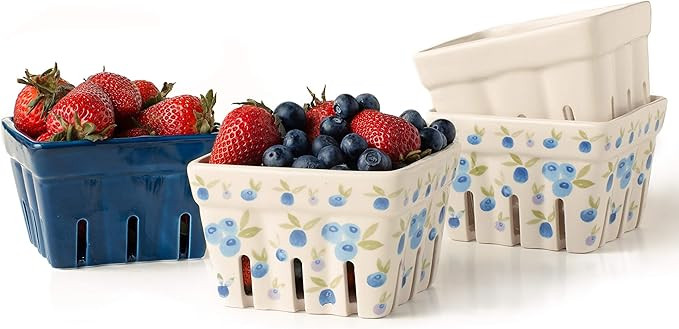 Farmhouse Ceramic Berry Basket, Colander, Farmers Market square Bowl. Rustic Kitchen decor fruit ... | Amazon (US)