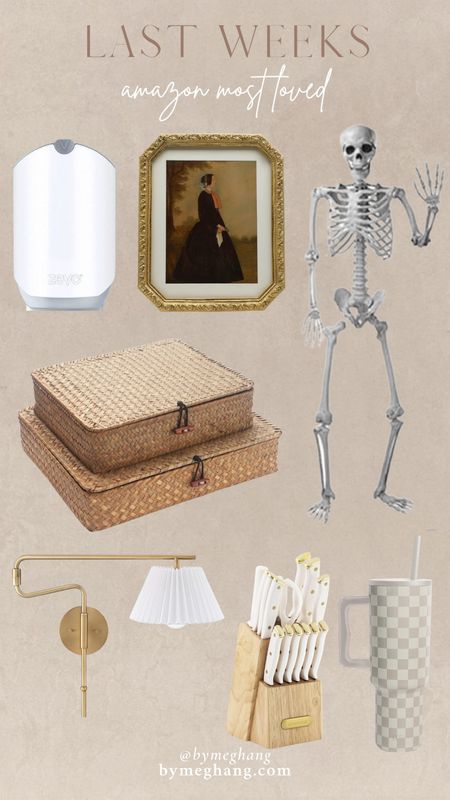 Last weeks amazon most loved - the best bug trap, vintage style brass frame, 60 inch posable Skeleton for Halloween, my favorite woven boxes to style in any room, anthro DOOP pleated plug in sconce, pretty white knife set that under $60, and the prettiest water bottle with the checker trend 

#LTKhome #LTKSeasonal